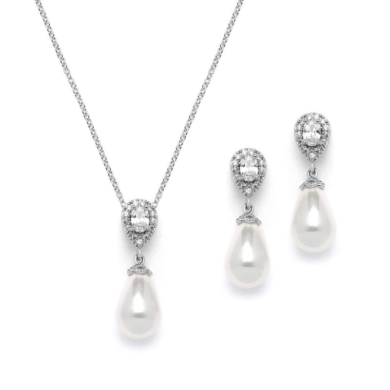 Mariell Pearl Drop Bridal Necklace and Earrings Set with CZ Crystals for Brides, Wedding, Birthday Gift - Image 1